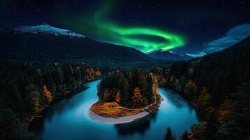 Serene Night Landscape River Island Under Aurora Borealis in Majestic Mountains and Forest photo
