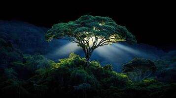 Majestic Tree in Lush Rainforest Bathed in Sunlight Beams A Breathtaking Nature Scene photo