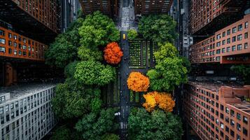 Aerial View of Urban Park with Autumn Trees Surrounded by City Buildings A Peaceful Oasis in the Bustling Metropolis photo