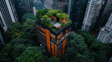 Modern city building with a lush rooftop garden amidst towering skyscrapers Eco friendly urban architecture design photo