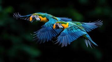 Two vibrant Blue and gold Macaws in flight against a dark background showcasing their majestic wings and plumage photo