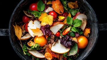 Autumnal Compost Colorful Food Scraps and Fall Leaves in a Dark Bowl A top view of organic waste ready for composting photo