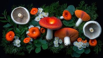 Vibrant Red and White Mushrooms with Delicate White Flowers in Lush Green Foliage A Stunning Nature Close Up photo