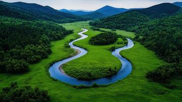 Serpentine River Winding Through Lush Green Valley Aerial View Stunning Nature Landscape photo