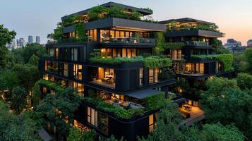 Modern Green Architecture Eco Friendly Luxury Apartment Building at Dusk photo