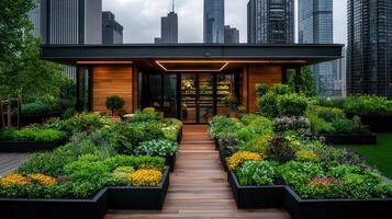 Urban Rooftop Garden with Modern Structure and City Skyline View A Stunning Elevated Vegetable and Flower Garden photo