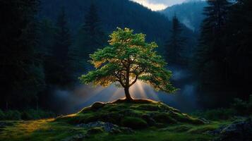 Majestic Lone Tree in Mountain Forest Bathed in Sunlight Rays Peaceful Nature Scene photo
