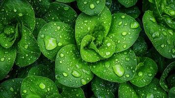 Lush Green Leaves Covered in Dew Drops Nature Background Image Fresh Plants photo