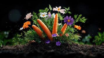 Fresh Carrots Emerging from Soil Surrounded by Vibrant Blossoms in a Garden Setting photo