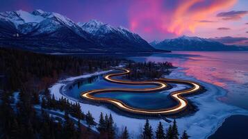 Serpentine Winter Walkway Lights Up Frozen Lake at Sunset with Majestic Mountain Backdrop photo