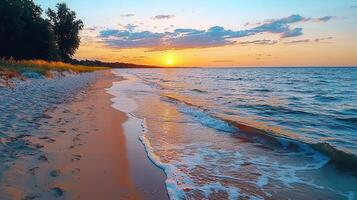 Serene Sunset Beach Scene Golden Hour Waves Gently Rolling on Sandy Shore photo
