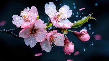 Pink Cherry Blossoms with Dew Drops Rain Nature Spring Blossom Flowers photo