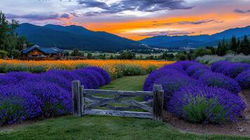 Serene Sunset over Lavender and Poppy Fields with Wooden Gate and House photo
