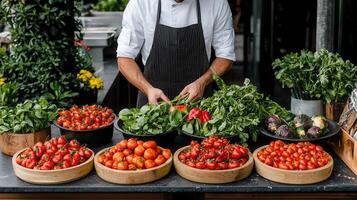 Chef preparing fresh organic vegetables tomatoes basil parsley and peppers Healthy food cooking concept photo