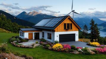 Eco Friendly Modern House with Solar Panels and Wind Turbine in Mountain Landscape photo
