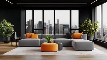 Modern Grey Sectional Sofa in Luxury Apartment with City View Orange Accent Pillows Plants photo