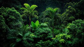 Lush Tropical Rainforest Scene Vibrant Green Palm Trees and Foliage in a Dense Jungle Setting photo