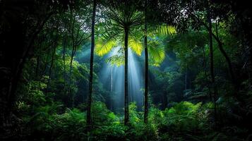 Sunbeams Illuminate Lush Tropical Rainforest Scene Palm Trees Sunlight Through Canopy Deep Forest photo