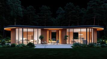 Modern curved house design at night illuminated stylish home exterior architecture in the woods photo