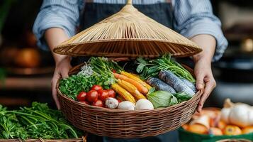 Fresh Market Harvest Person Carrying a Basket of Colorful Vegetables Corn and Fish Under a Traditional Asian Hat photo