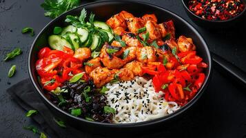 Delicious Asian Chicken Rice Bowl with Peppers Cucumbers and Sesame Seeds A Healthy Meal photo