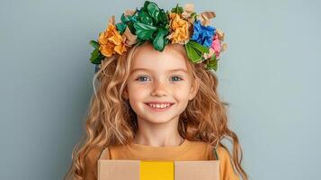 Happy Child with Flower Crown Holds Cardboard Box Eco Friendly Recycling Concept photo