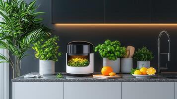 Modern Kitchen Interior with Smart Herb Garden and Fresh Citrus Fruits photo