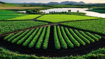 Lush Green Farmland Landscape Rows of Crops Serene Lake and Mountain View at Sunrise photo