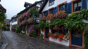 Charming Cobblestone Street with Flower Adorned Houses in Europe Picturesque Village Scene photo