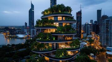 Stunning Night View of a Modern Eco Friendly Residential Tower Building with Lush Greenery and Cityscape Background photo