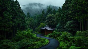 Serene Winding Road through Lush Green Forest leading to a Tranquil Asian Pavilion on a Misty Day photo