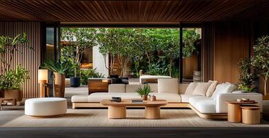 Modern Luxury Outdoor Lounge Set in Tranquil Garden Setting Elegant Wooden Furniture with Comfortable Cushions photo