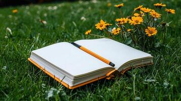 Blank Notebook Pen Resting on Grass with Yellow Flowers a Perfect Setting for Inspiration and Ideas photo