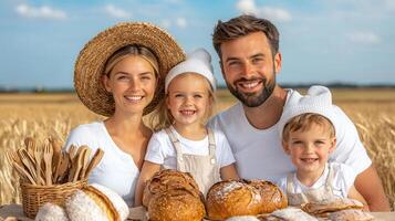 Happy Family of Four in Wheat Field Holding Freshly Baked Bread Loaves photo