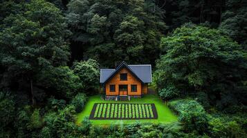 Secluded Wooden House nestled in Lush Greenery with a Vegetable Garden A tranquil escape in nature photo