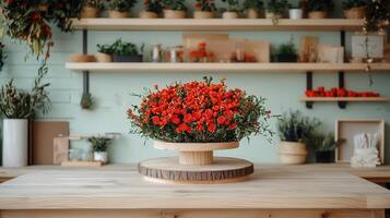 Vibrant Red Roses Flower Arrangement on Wooden Stand in a Floral Shop Setting photo