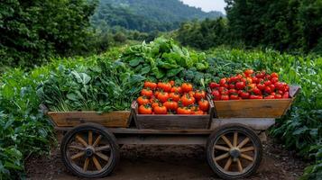 Freshly Harvested Vegetables in Rustic Wooden Cart on Farmland Organic Tomatoes Spinach Broccoli Lettuce in Wooden Crate photo