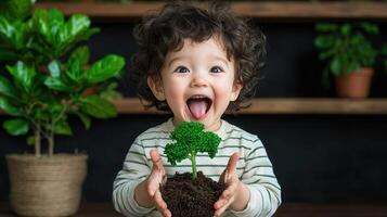 Happy Toddler Holding a Young Plant Smiling Child Shows Environmental Care photo