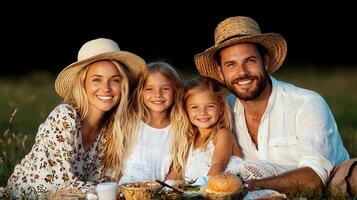 Happy family enjoying a picnic in a field at sunsetParents and two daughters smiling together outdoors photo