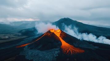 Majestic Volcano Erupting Lava Flow Dramatic Landscape Aerial View photo