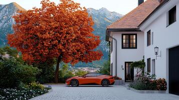Orange Sports Car Parked in Front of a Modern House with Autumn Tree and Mountain View photo