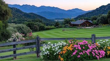 Serene Ranch House nestled in Mountains with Blooming Flowers and Green Grass photo