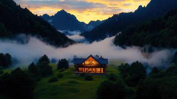 Modern Mountain Cabin Nestled in Misty Valley at Sunset A Serene Landscape Photo