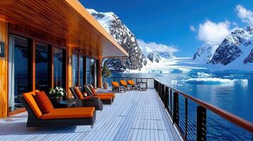 Luxury Deck with Stunning Antarctic Mountain and Iceberg Views Relaxing Outdoor Patio Furniture photo