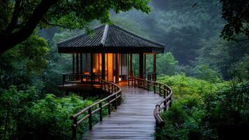 Tranquil Wooden Pavilion nestled in lush green forest Serene walkway leads to peaceful retreat Asian architecture design photo