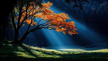 Majestic Autumn Tree Bathed in Sunlight Peaceful Forest Scene Serene Nature photo