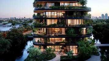 Luxurious Eco Friendly Apartments Cityscape Night View Modern Building Design Green Balcony photo
