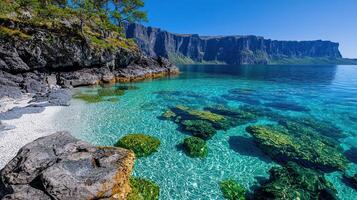 Stunning Coastal Landscape Crystal Clear Turquoise Water Beach and Dramatic Cliffs photo