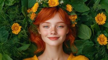 Redhead Woman with Flower Crown Lying in Lush GreenerySmiling Relaxed Peaceful Nature Beauty photo