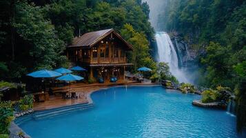Luxurious Wooden Cabin Resort Pool Waterfall View Stunning Tropical Getaway photo